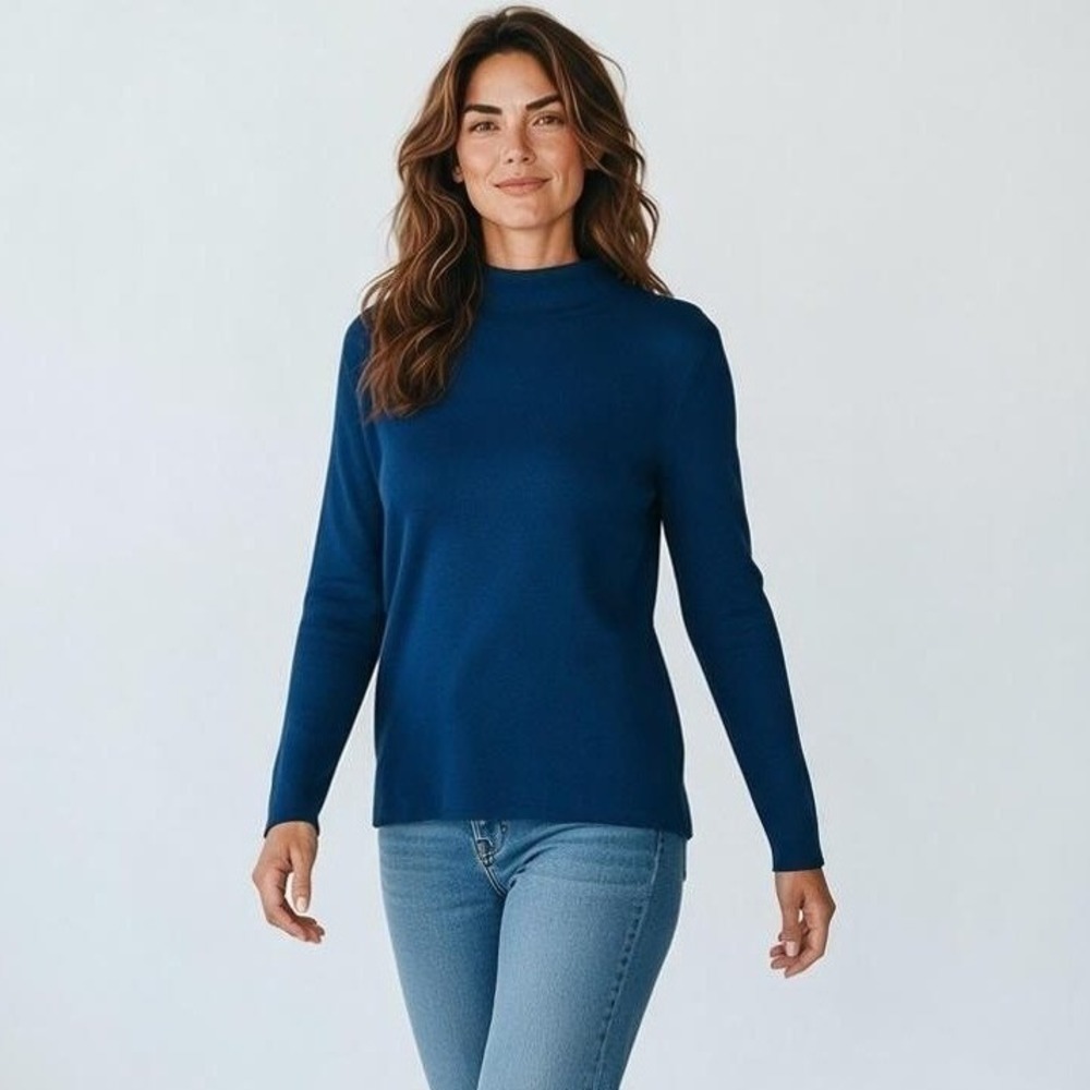 J. Jill Mock Neck Tunic Sweater Womens L Prussian Blue Silk Wool Blend NWT $79